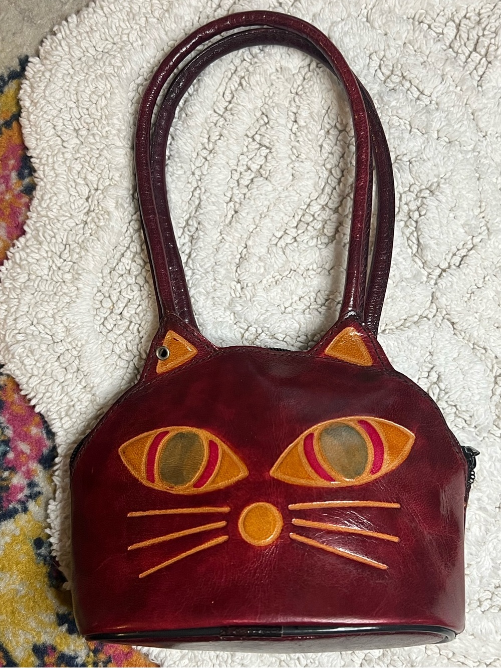 Vintage Red Leather Cat Purse Bag Green Eyes Crossbody Strap Shoulder Zipper Top